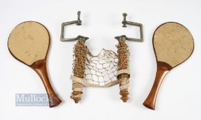 Early Table Tennis Ping Pong Rackets and nets, with metal clamps, quality paddles with hard wood