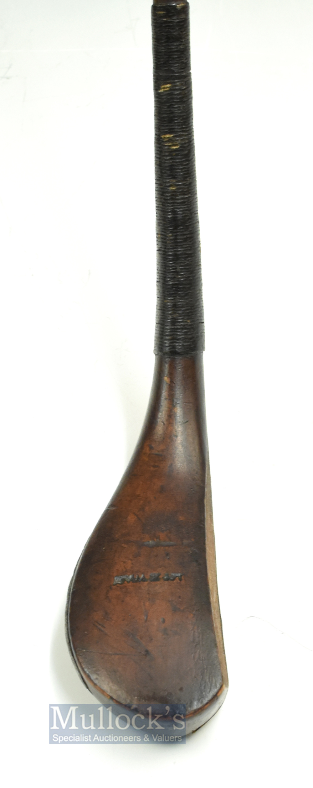 Fine and early McEwan dark stained fruit wood longnose curved face play club c1850 - head measures 5