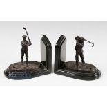 Pair of Bronze Golf Book ends marked 'G Reese 05' with two matching golfing figures, on marble base,