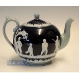 Copeland Late Spode golfing tea pot c1910 - decorated with golfers in white relief in the round on