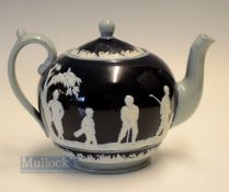 Copeland Late Spode golfing tea pot c1910 - decorated with golfers in white relief in the round on
