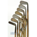 9x assorted irons incl Spalding mid iron, round back lofting iron, LMB Gem putter together with