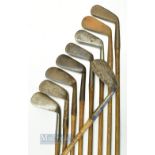 9x assorted irons incl Cochranes Edinburgh mashie, Shoorflite niblick, Hendry Bishop round back