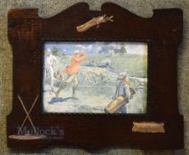 Set of 4 Art Nouveau Decorative Framed Golfing Coloured Prints - each with raised gilt golf bag,