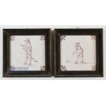 2x Late Dutch Delft Kolf/Golf Hand Painted Tiles - depicting two 17thc players - stamped on the back