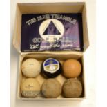 Spalding Blue Triangle Golf Ball box c/w 6x various golf balls - c/w hinge lid containing 2x faux