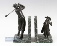 Fine pair of Golfing Bronze figures and marble bookends c1990s - featuring a golfer and his caddy (