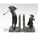 Fine pair of Golfing Bronze figures and marble bookends c1990s - featuring a golfer and his caddy (