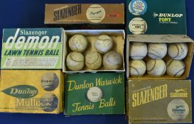 c1950-1970 a collection of Tennis Ball boxes to include 2 Dunlop Warwick boxes with used mixed balls