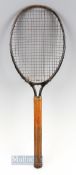 c1920 Dayton Steel Tennis Racket stamped 'Dayton' to the brass collar, a wooden handled racket