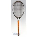 c1920 Dayton Steel Tennis Racket stamped 'Dayton' to the brass collar, a wooden handled racket