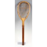 c1874-1880 Lop sided Wooden Tennis Racket unnamed rackets with convex wedge, has stamps marks to