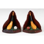Pair of Longnose Golf Club and Early Golf Ball Book Ends features a H Philp and feathery ball, the