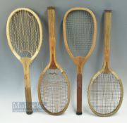 4x Early Wooden Tennis rackets, all Convex wedges 3 with regular and 1 bulbous handles, to include