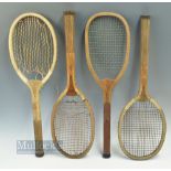 4x Early Wooden Tennis rackets, all Convex wedges 3 with regular and 1 bulbous handles, to include