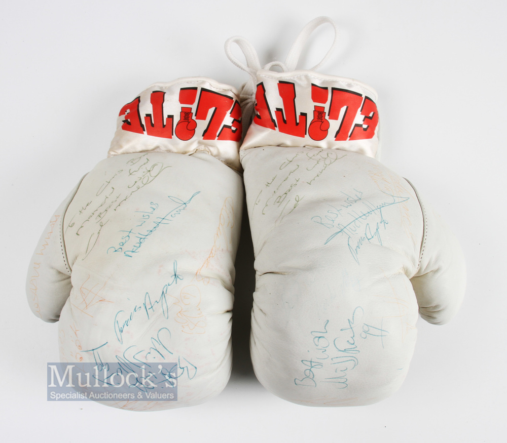 A pair of Elite Boxing gloves signed Audley Harrison, with lots of other indistinct signatures,