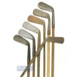 7x Assorted irons incl' Whiting with Tom Stewart pipemark iron, Zenith putter (short), 4x early