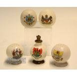 Collection of Ceramic Crested Ware Bramble Pattern Golf Balls (5): 3x mounted on golf tee style