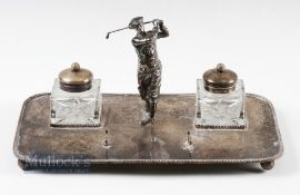 Large Silver Plated Inkwell Desk Stand - comprising a 1920s Style Golfing Figure in the follow thro'