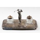 Large Silver Plated Inkwell Desk Stand - comprising a 1920s Style Golfing Figure in the follow thro'