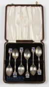 Collection of 6x 1930s matching silver and enamel Golf Club teaspoons - with enamel shield design