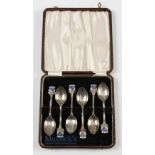 Collection of 6x 1930s matching silver and enamel Golf Club teaspoons - with enamel shield design