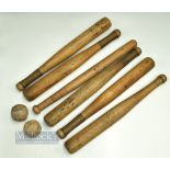 c1940-1950 Rounders Bats a selection of 6 rounders bats and 2 balls in used condition (7)