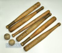 c1940-1950 Rounders Bats a selection of 6 rounders bats and 2 balls in used condition (7)