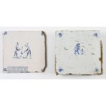 2x Early 18thc Dutch Delft Kolf/Golf hand coloured tiles - one removed from a fireplace surround