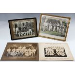 1900-1940 Cricket Team Photographs and Etching, to include an unmade cricket team with cup 41cm x