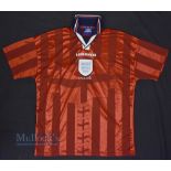 1998 England International Away Football Shirt Umbro, in red, size L, short sleeve