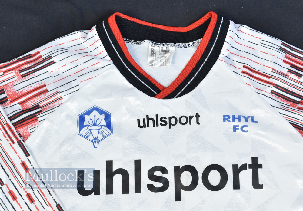 Circa 1990s Rhyl FC Home Football Shirt Uhlsport in white '91' to sponsor, long sleeve, size 42/44 - Image 2 of 3