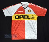 1987/89 Feyenoord Home Football Shirt Hummel, Opel, size L, red and white, short sleeve
