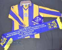 Retro 1980s Shrewsbury Town Home Football Shirt size L, long sleeve, blue and amber, together with a