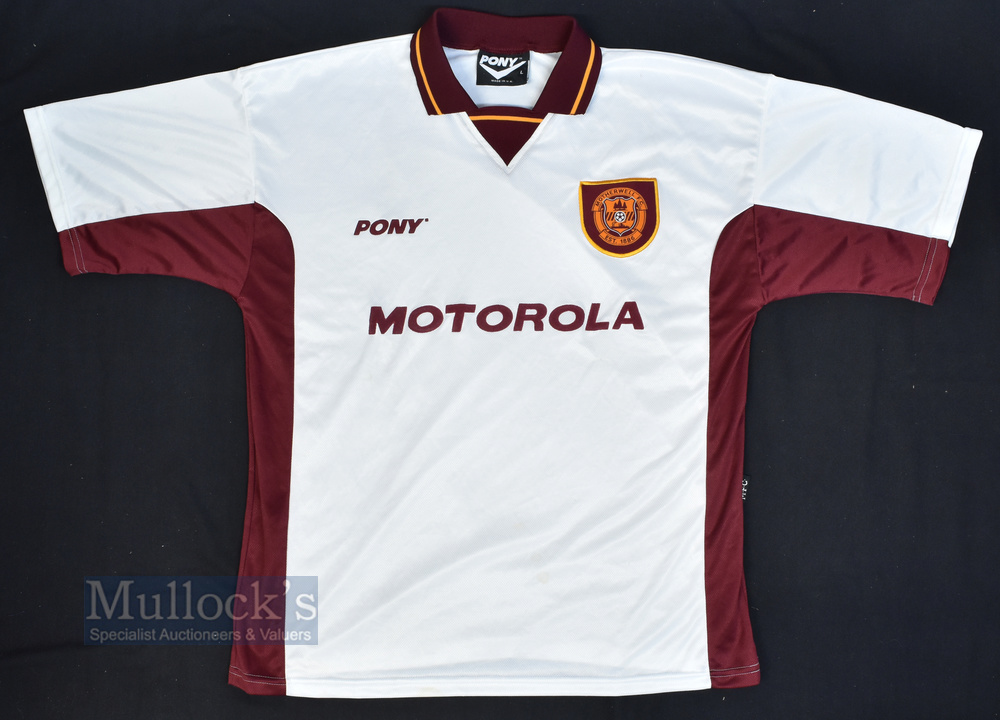 1996/97 Motherwell FC Away Football Shirt Pony, Motorola Size L, in white, short sleeves
