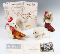 3x Steiff Soft Toys / Jointed Bear, to include Snobby polar bear 11300,15cm tall Steiff Christmas