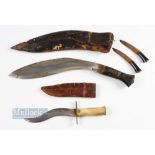 Vintage Kukri Knife Dagger with horn handle with 2 smaller knifes in poor scabbard, together with an