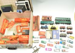 Vintage Suitcase to include Triang Train, matchbox toy cars, a quantity of train railway items of