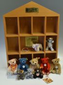 Steiff Teddy Bear Collection Historic Bears Miniatures, on wooden stand, the stand is for the Decade