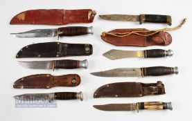Group of 7x Bowie and Similar Knives, one having horn handle with William Rodgers blade, 2 having