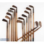 13x Period Hickory Golf Clubs Irons, for restoration, with faint maker markers one by Tom Morris,