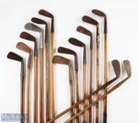 13x Period Hickory Golf Clubs Irons, for restoration, with faint maker markers one by Tom Morris,