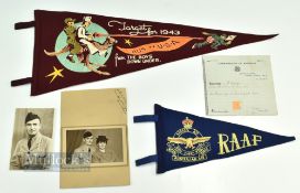 2 x WWII RAAF Royal Australian Air Force Pennants + paperwork, large purple pennant Target for