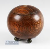 Oak Tea Caddy in the Form of a Bowls Ball hinged lid with alloy liner, all on 4 ball feet
