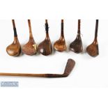 7x Period Hickory Golf Clubs Iron Socket Neck Woods, for restoration, with faint maker markers by
