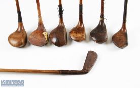 7x Period Hickory Golf Clubs Iron Socket Neck Woods, for restoration, with faint maker markers by
