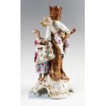 Late 19th century Sitzendorfer Candlestick depicting man and woman by a tree picking apples, bears