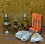 2x Aladdin Paraffin/ Oil Mantel Lamps plus another unnamed oil lamp with glass chimneys, plus 4x