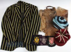 School Sports c1940-1960 House Caps, jacket, ties, leather/suede garter, school blazer badges and