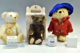 3 x Steiff Bears, to include a 2007 Paddington bear, a brown jointed bear with hump to back in a box